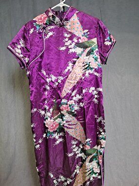 Cheongsam Chinese Purple Satin Dress with Floral & Bird Motif